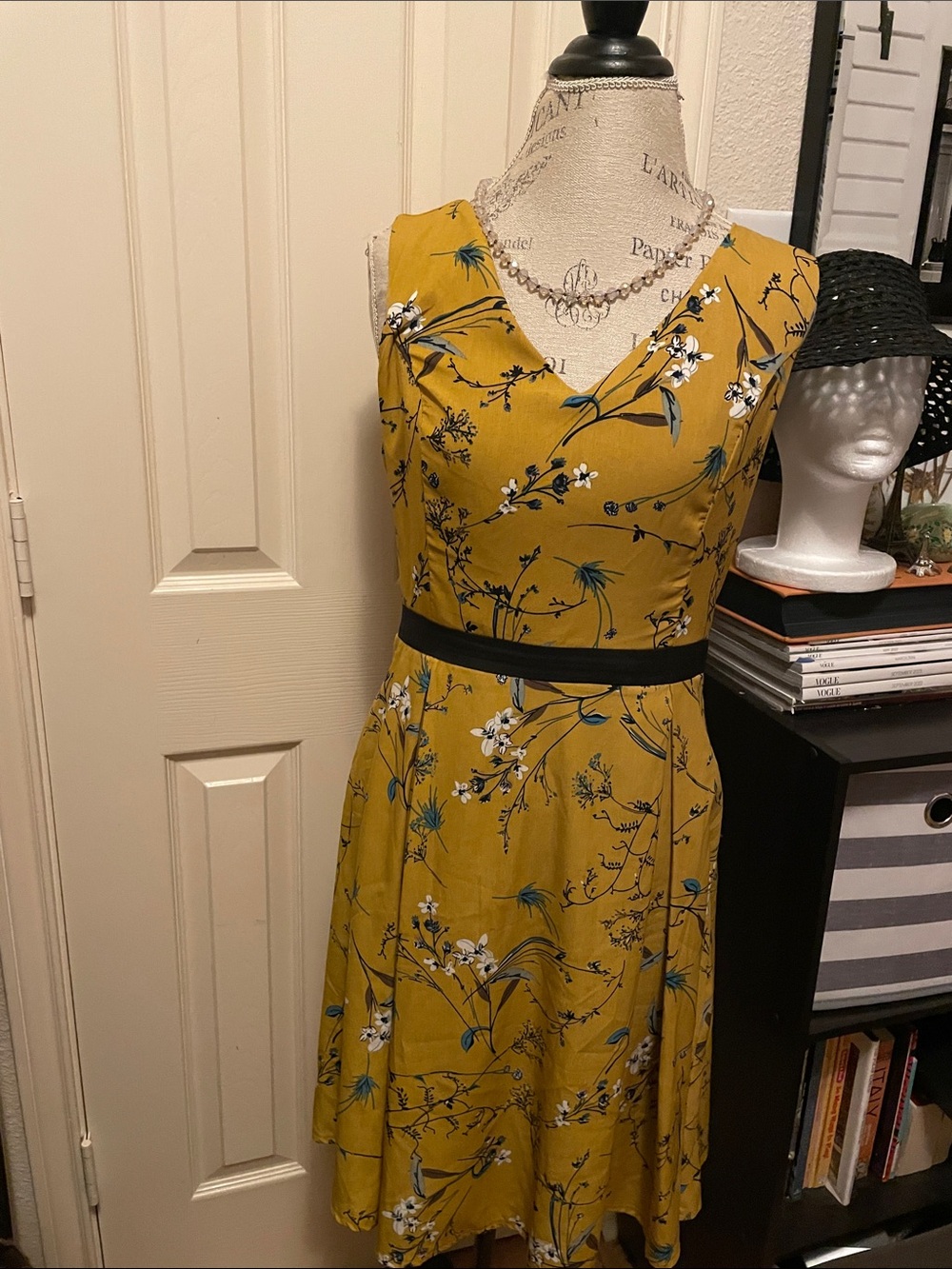Floral V-Neck Midi Dress in Mustard Yellow